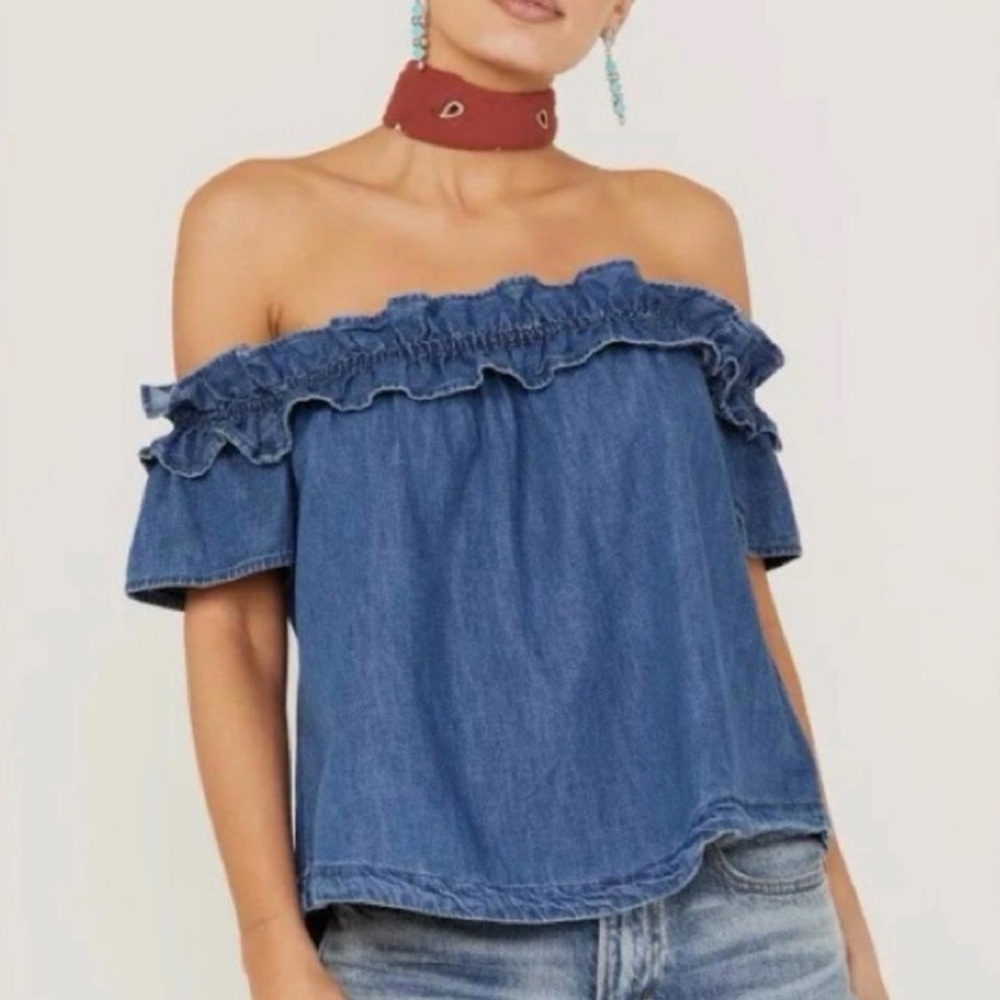 Free People Denim Ruffle Off The Shoulder Boho Top Size TP